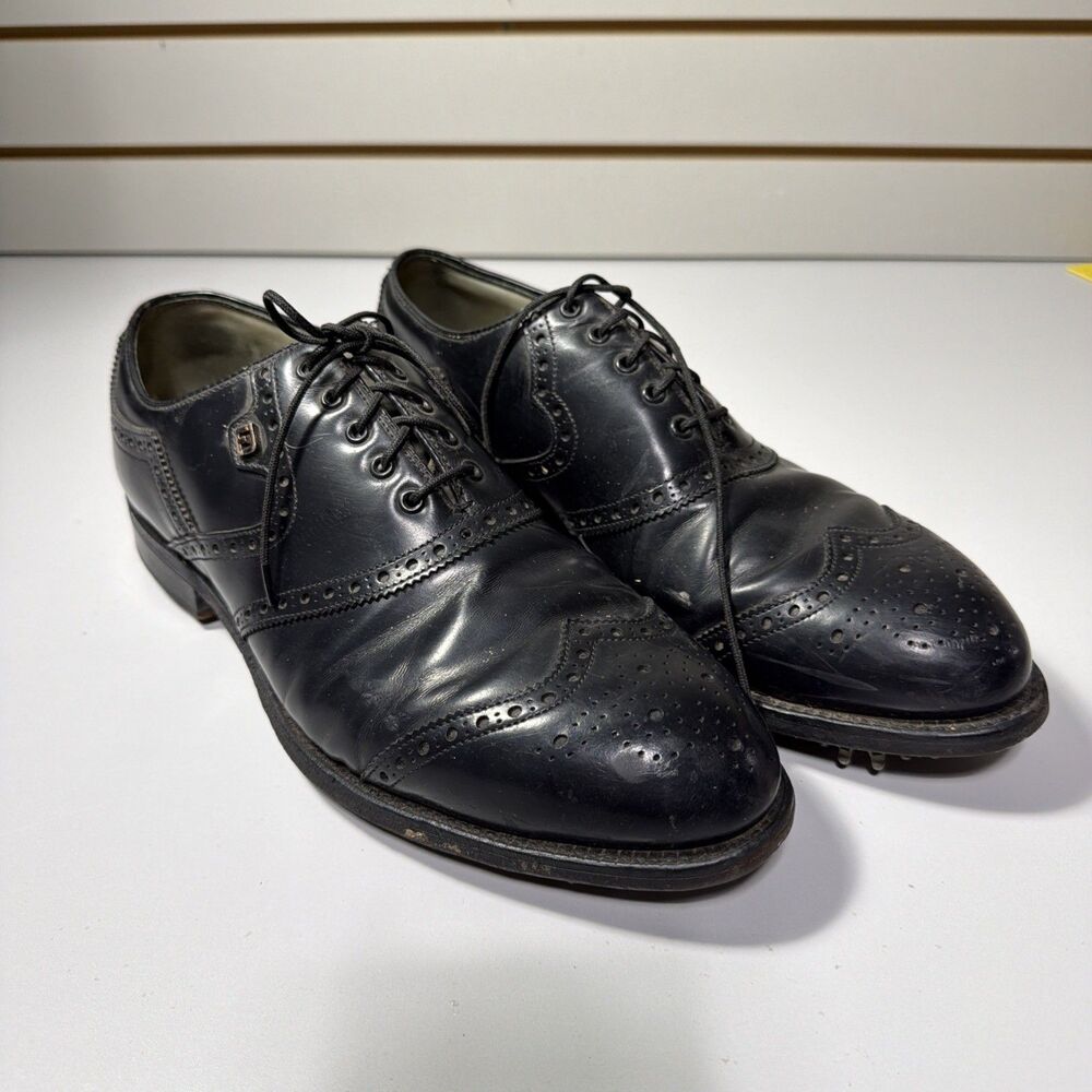Foot Joy Wingtip Golf Shoes Black Leather Mens Size 9 d Derby Oxford Vintage